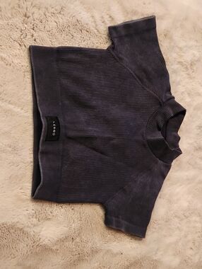 Ribbed Mock Neck Crop Top in Acid Washed Dark Navy